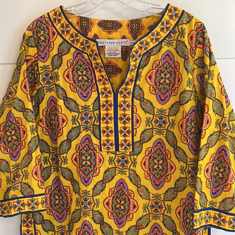 Gretchen Scott Yellow and Blue V-Neck Tunic L